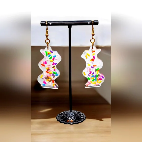 Handmade Resin Sprinkle Ribbon Style Dangle Earrings - Picture 1 of 5